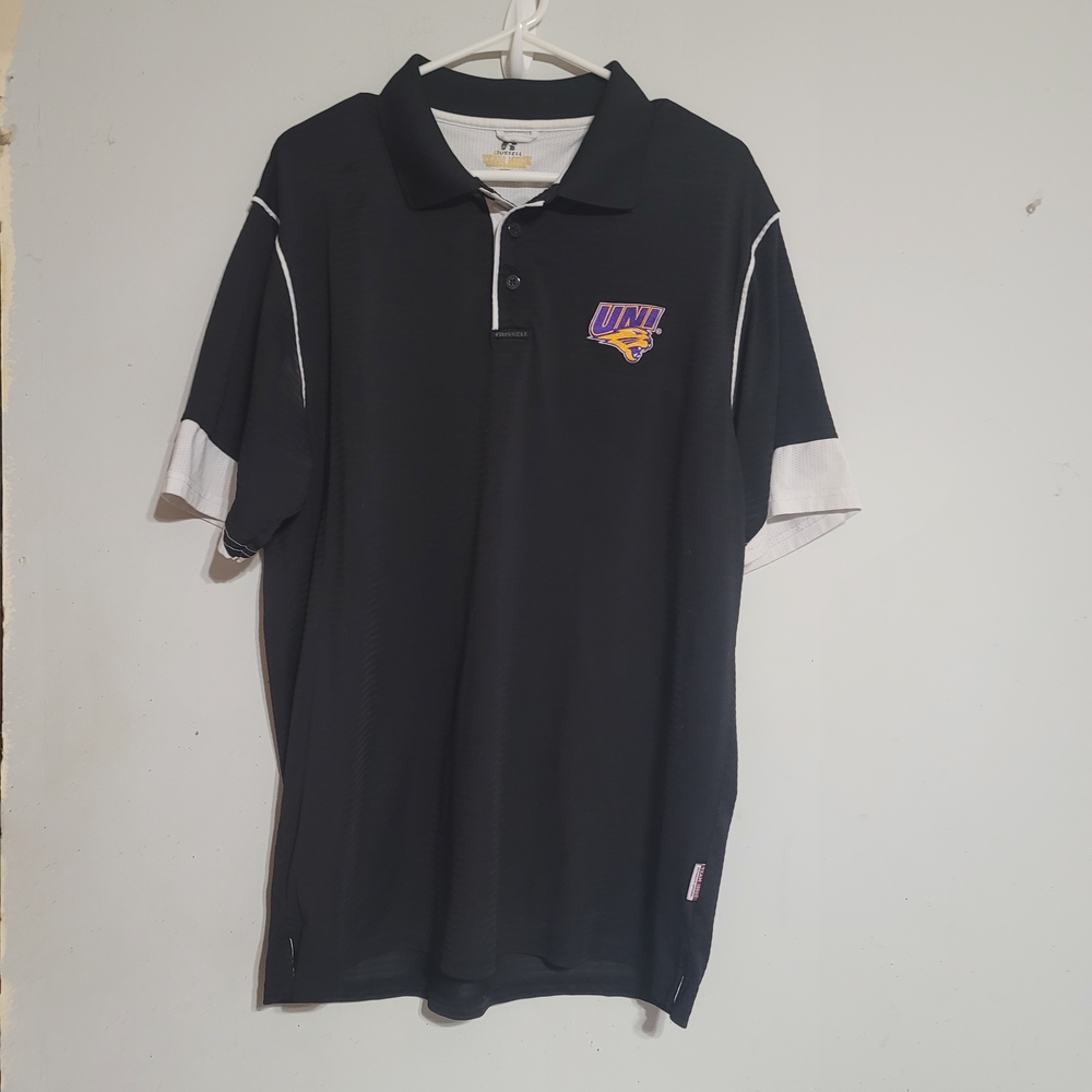 UNI Northern Iowa Panthers Polo Shirt Large Black Purple Gold Basketball Russell
